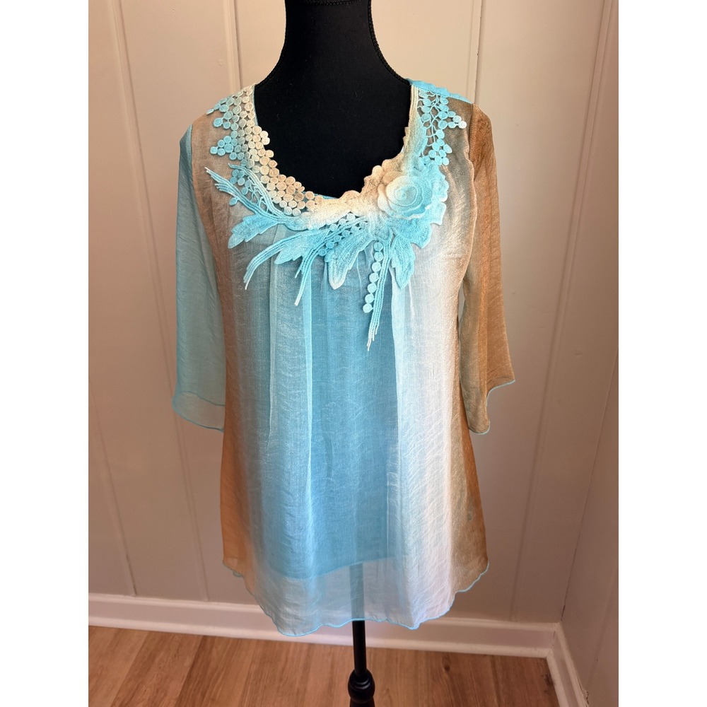 Y2k Feratelli Ombre Sheer Tunic Top Blue Bronze Lace Applique Artsy